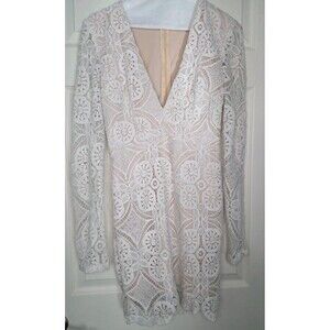 Misguided White Lace Over Nude Covering V Neck Long Sleeve Short Dress sz 4